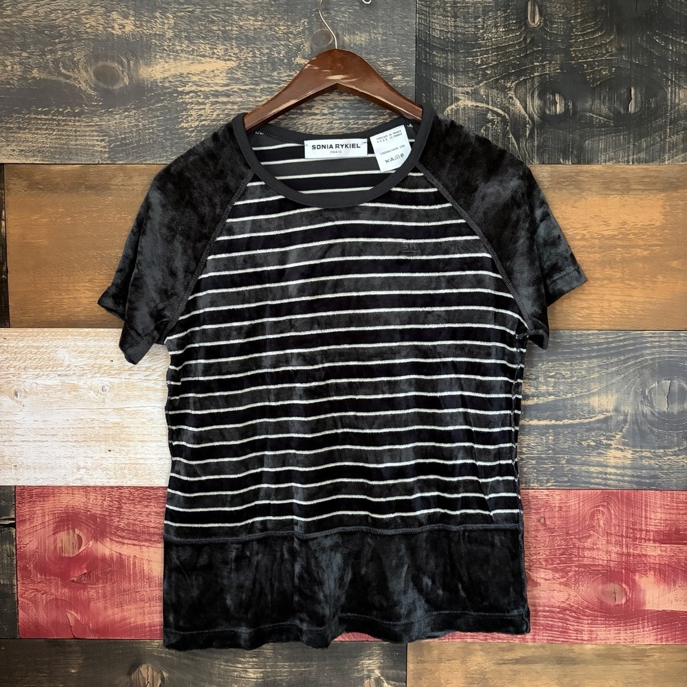 Sonia Rykiel Velvet Top Shirt Cropped T Shirt Blouse Viscose Striped Medium